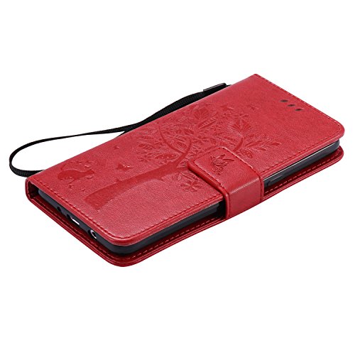 Samsung Galaxy J5 2016 Hülle Rote im Retro Wallet Design,Cozy Hut Samsung Galaxy J5 2016 Hülle Leadertasche Premium Lederhülle Flip Case im Bookstyle Folio Cover Kartenfächer Magnetverschluss und Standfunktion Leder Schale Etui für Samsung Galaxy J5 2016 / SM-J510 5,2 Zoll Handytasche Schutzhülle Katzen und Bäume Muster – Rote - 4