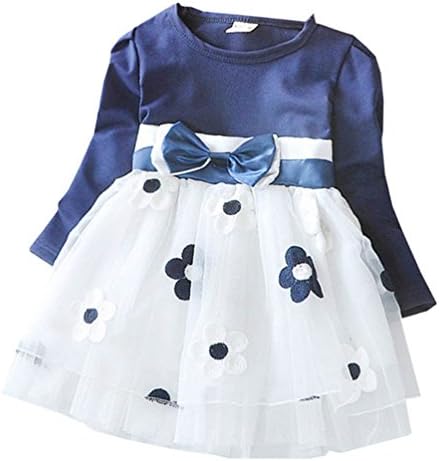 PJPYIF Baby Girls Long Sleeve Flowers Bowknot Dresses Princess Party Dress 12-18 Months Blue