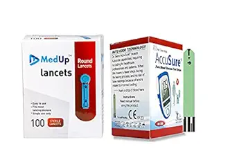 MedUp 100 Round Lancets with Accusure Blue 50 Test Strips (NO GLUCOMETER)