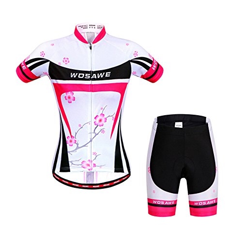 LSKCSH Fleur de Prunier Femmes Vélo Cyclisme Respirant à séchage Rapide Maillots Set Vélo Jersey Cycle Manches Courtes Veste 4D Coussin Rembourré Serré Shorts Pantalon