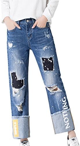 JeansForest Laides Destroyed Patches Panel Graphic Raw-Cut Rolled-up Denim Jeans Pants