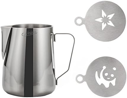 Milk pitcher Set 12oz with 2 Stencils - 350ml Non-toxic Stainless-Steel Milk Frothing Jug for Coffee, Latte &amp; Cappuccino Art