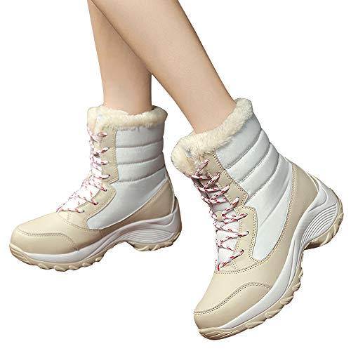 Preisvergleich Produktbild Geili Stiefeletten Damen Kurzschaft Leder Schneestiefel Warme Fleece Gefüttert Winterstiefel Frauen Übergrößen Rutschfest Wasserdicht Dicke Sohle Boots Schnürstiefel Flache Schuhe