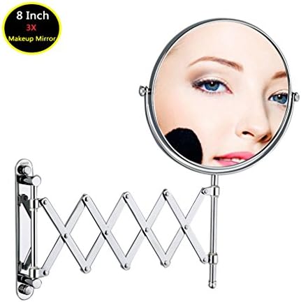 8 Inch Double-Sided Extension Wall Mount Mirror with 3X Magnification, Adjustable Foldable Extending Chrome Finish Vanity Mirror, Double Sides Magnifying Cosmetics Wall Mirror for Makeup Shaving Bathroom