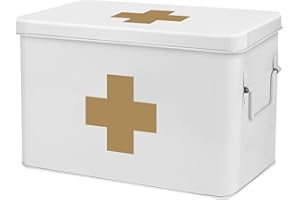 Flexzion Caja organizadora de primeros auxilios para medicamentos, kit de suministros – Caja de almacenamiento vacía de metal blanco de 13 pulgadas con bandeja extraíble con cruz dorada, cajas