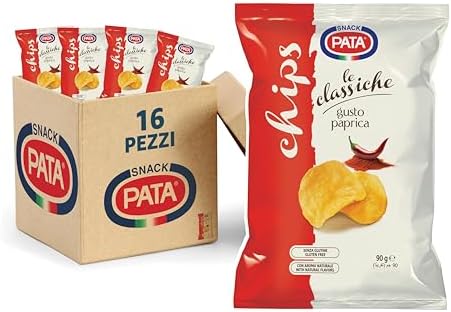 PATA | Patatine Classiche, Patatina Gusto Paprica Metalizzata, Senza Glutine, Con Olio di Semi di Girasole, 16x90g