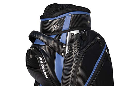 Bolsa de golf con motor, material impermeable con dry pocket, color negro y azul