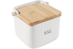 Kcasa - Salero cocina blanco minimalista ceramica con tapa madera abatible español