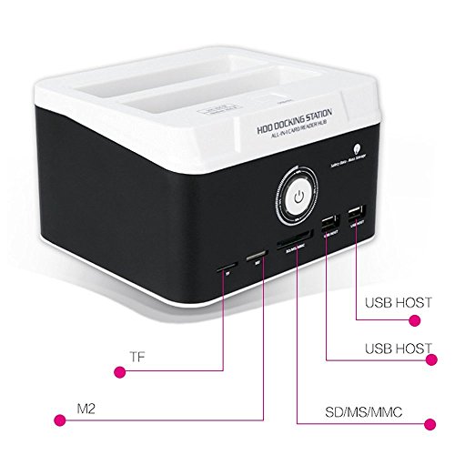 Ronsen 895U3ISC Externe Festplatte Docking Station – USB 3.0 Dual Bay Festplattenleser für 2,5 / 3,5 Zoll IDE und SATA I / II HDD SSD, mit All-in-1 Kartenleser (SD / XD / Micro SD / TF / MS / M2 / CF / MD Karte) und One Touch Backup Funktion, Unterstützung 2x 8TB, Tool-Free - 2