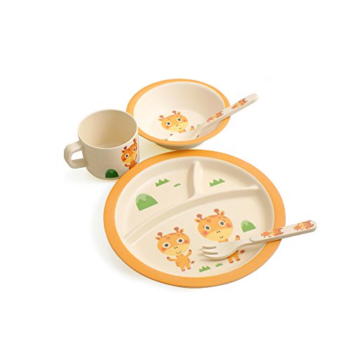 Design61 Bamboo Children's Children's Crockery Set 5-Piece Crockery Cutlery 100% Organic Bamboo Giraffe Design Bowl Plate Fork Spoon Mug