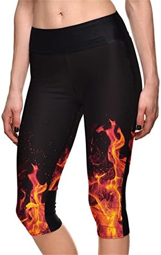 Hoyou Women's Plus Size Fitted High Waist Workout Cropped Pants - Galaxy Print Capri Leggings with Pockets(Fire,M)