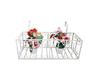 Ezzu Crafts Hanging Flower Railing Planter Vase Metal Iron Wall Hanging Planter Bucket Flower Holders for Railing Fence Balcony Garden Home Decoration Colour White