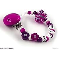 Schnullerkette mit Namen für Mädchen Schmetterling Blumen - dunkelpink, beere, weiß tolles Geschenk zur Taufe Geburt fürs Baby