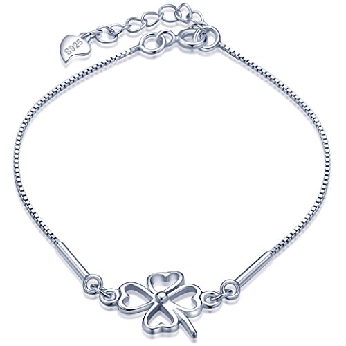 Unendlich U Fashion Vierblättriges Kleeblatt Damen Charm-Armband 925 Sterling Silber Armkette Verstellbar Armkettchen, Silber