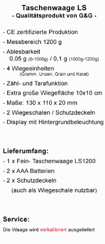 G&G LS 1000g/0,05g Taschenwaage Digitalwaage Feinwaage Goldwaage Küchenwaage Münzwaage 10cmx10cm Extra Große Wiegefläche Scale - 6