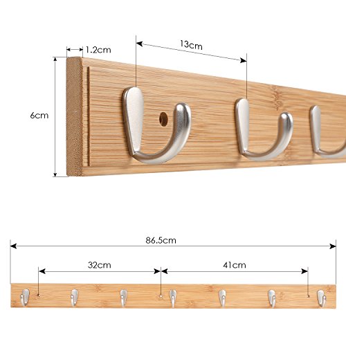 HOMFA Hakenleiste Wandgarderobe Kleiderhaken Wandhaken Mantelhaken Bambus Handtuchhalter Mehrzweckhaken Garderobenhaken mit 7 Haken im Flur, Diele, Wohnzimmer, 87x6x5cm - 2