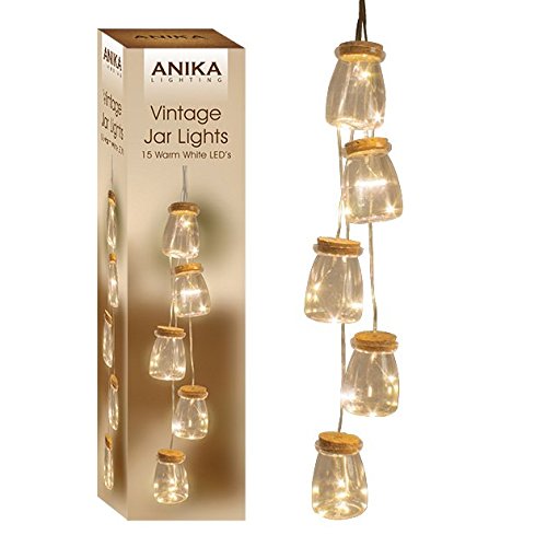 Anika Set of 5 Vintage Jars String Lights with 15 Battery Operated Warm White LED's Inside, Copper