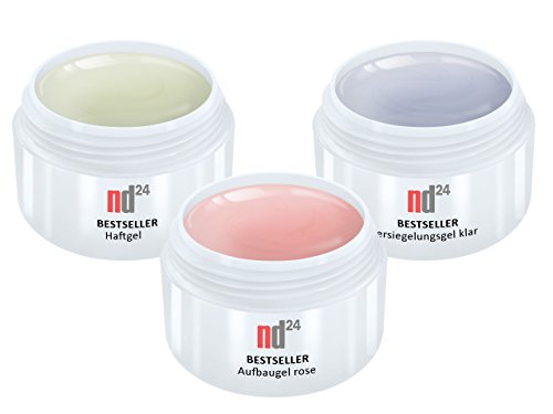 3 x 15ml - nd24 BESTSELLER - GEL SPAR-PACK SET - HaftGel + AufbauGel rosa + finish VersieglerGel - Made in Germany - säurearm selbstglättend