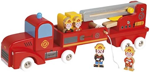 Janod Wooden Toy Fire Engine with Rotating Ladder Toy Story With Four Figures Mug, Multi-Colour