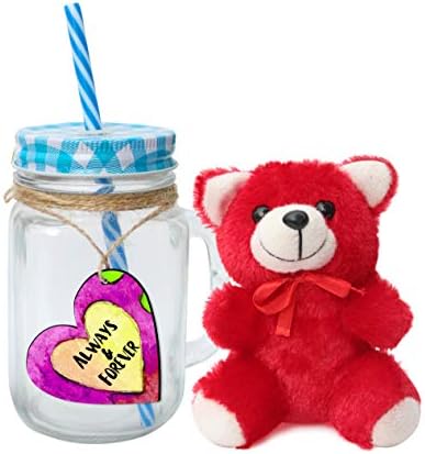 TIED RIBBONS Anniversary Birthday Gifts for Husband, Wife, Boyfriend, Girlfriend, Him, Her Gift Set ( Teddy, Wooden Tag and Mason Jar with Straw)