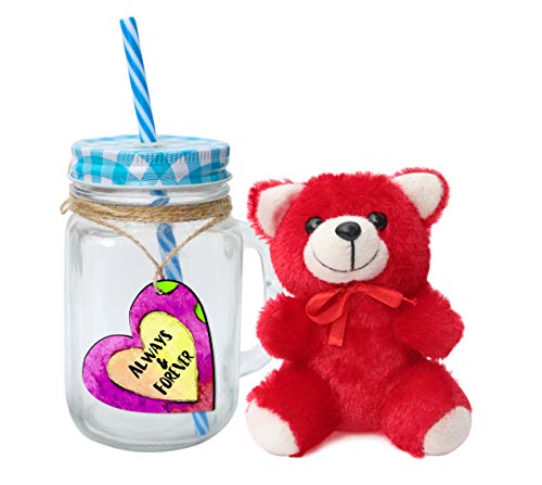 TIED RIBBONS Anniversary Birthday Gifts for Husband, Wife, Boyfriend, Girlfriend, Him, Her Gift Set ( Teddy, Wooden Tag and Mason Jar with Straw)