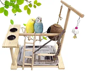 Hamiledyi Parrot Playground Bird Playstand Wood Exercise Play Perch Gym Cockatiel Nest with Feeder Cups Ladder Swing for Conure Lovebirds Life Activity Center Training Stand