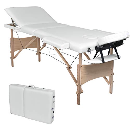 Wellhome Mesa de Masaje de 3 Secciones Madera Camilla Cama Portatil Plegable Ligera Camillas Masajes de Profesional Altura Ajustable con Reposacabezas, Apoyabrazos, Bolsa de transporte (Blanco)