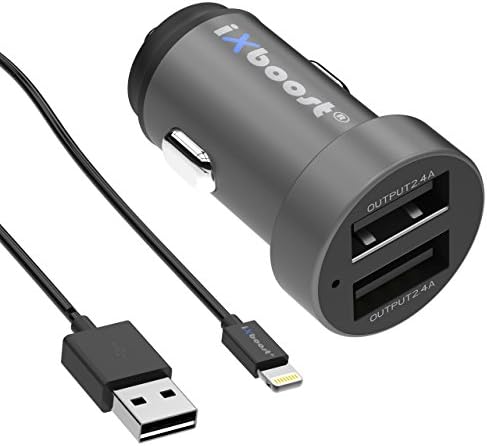 Ixboost® IX 5B Set Speed Charge 4.8 A Dual USB Car Charger fully Metal Adapter Dark Grey Intelligent IC 2 Port In Car Charger + Lightning Cable for iPhone 6/7 Black