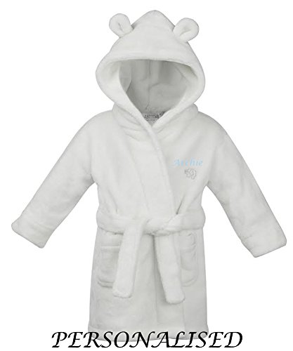 Embroidered Personalised Soft Baby White Dressing Gown Bath Robe with Teddy EARS 18-24 Pink or Blue Text