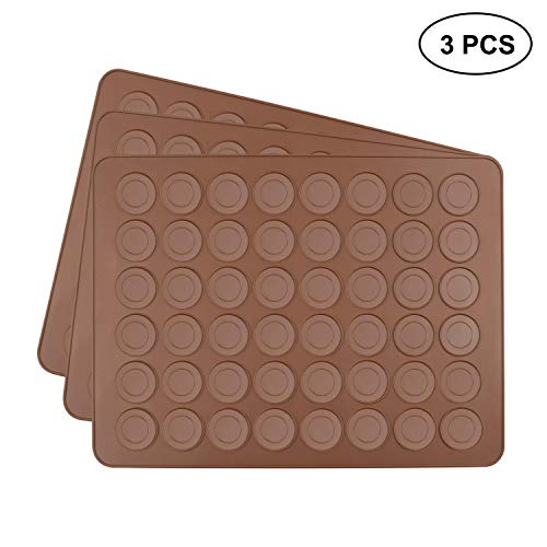 Tebery Lot de 3 tapis de cuisson en silicone pour 48 macarons parfaits 144 moules revêtement anti-adhésif Marron 39x29x0,3 cm