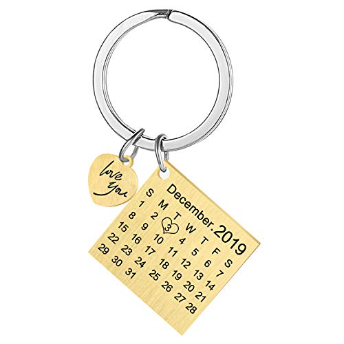 onlylove-handmade Fecha y Mensaje Grabados Personalizados Personalizados Calendario y Llavero de Acero Inoxidable Recuerdo conmemorativo (Corazón de Oro)