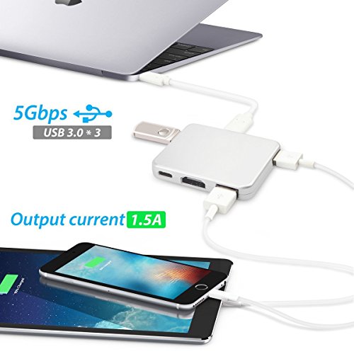 5-Port USB Type C Hub, mit 3 Ports USB 3.0 Multi-Port Adapter + 1 Type-C Ladeanschluss+ 1 HDMI Videoausgang Port ultra leicht und mobil für Typ C Computer und Tablets wie MacBook Pro 2016, MacBook 2015/2016, Google Chromebook 2016 - 4
