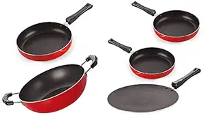HOMEST Gas Compatible Fry Pan and Kadhai Combo Cooking Set, 2.6mm_FP10_KD11 & Non-Stick Aluminium Cookware Set, 3-Pieces, Red