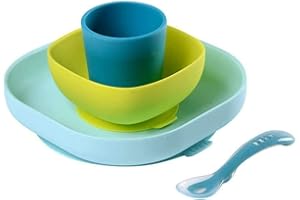 BÉABA, Set Vaisselle Silicone Repas Bébé, Avec Ventouse, Anti-dérapant, 4 Pièces, Assiette + Bol+ Verre + Cuillère, Silicone Saine et Durable, Compatible lave-vaisselle, Micro-onde, Bleu
