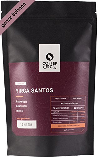 Coffee Circle | Premium Espresso Yirga Santos | 1kg ganze Bohne | Vollmundiger Bio Espresso mit Schokoladenaromen | Arabica und Robusta | fair & direkt gehandelt | frisch & schonend geröstet