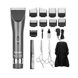 Sminiker Professional Cordless Rechargeable Hair Clippers Set with 2 Batteries, 4 Comb, Guides and Scissors - Grey
