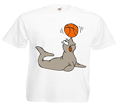 Motiv Fun T-Shirt Seehund das mit dem Ball(Kugel) spielt Cartoon Spass Kult Motiv Nr. 12427 Weiß