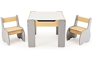 COSTWAY Kids Table and Chair Set, Wooden Children Study Desk with 2 Chairs, Reversible Blackboard Tabletop & Hidden Storage, 3PCS Toddler Activity Furniture for Learning, Drawing, Dining (Gray)