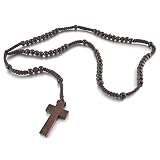 MunkiMix Holz Anhänger Halskette Braun Kruzifix Kreuz Kugel Perle Perlen Retro 24 Zoll Rosenkranz Kette Herren,Damen