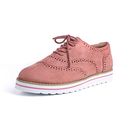 Zapatos Planos Mujeres de Cordones Brogue Calzado Ligero Zapatilla de Oxford Casual Tacón Bajo Shoes Franela Rosado EU37