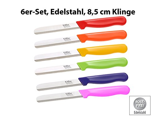 Löffler Schneidewaren Co. 6 Edelstahl-Gemüsemesser aus Solingen, rund, gezackte 8,5-cm-Klinge - 2