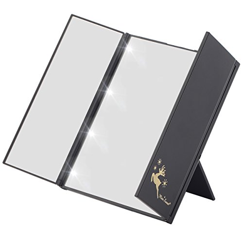 Miss Sweet, specchietto triplo da trucco, illuminato, pieghevole, compatto e da viaggio.