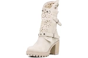 QUEEN HELENA Stivali con Tacco Traforati con Fibbia Zip Laterale Stivaletti Estivi con Plateau Borchiati Donna X24-42