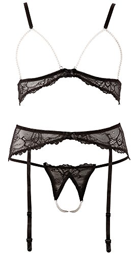 Abierta Fina BH Set Perlen - erotisches 3-teiliges Strapsset für sie, Dessous-Set, BH, ouvert String und Strapsgürtel, Verführung des Partners, schwarz - 2