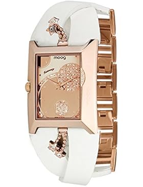 Moog Paris - Intimacy Damen Uhr mit Rosegold Zifferblatt, Swarovski Elements & Weiß Armband aus Echtem Leder -...