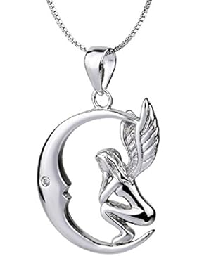 Engel im Mond 925Sterling Silber Anhänger Halskette für Frauen Mädchen, 45,7cm Kette, Geschenke für Mama Frau...