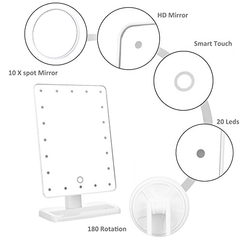 Cadrim kosmetikspiegel LED,20 LEDs, Dimmbar Durch Touch-Schalter, 10 x Vergrößerungsfleck , 12-Zoll Bildschirm, 180°Drehbar für Make up , Rasieren , Reisen,Schwarz/Weiß (Weiß) - 5