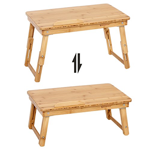 SONGMICS H  henverstellbarer Laptoptisch mit Schublade  klappbarer Notebooktisch aus Bambus  Betttisch f  r Lesen oder Fr  hst  cks  Zeichentisch und 