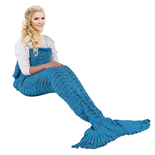 eCrazyBaby Hecho a Mano de Punto Manta de Cola de Sirena Todas Las Estaciones cálido sofá Cama Sala de Estar Manta para Niños y Adultos, Patrón de Onda, 180 x 90cm, Azúl Pavo Real