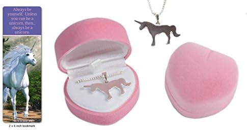 Girl's silver unicorn necklace in pink velour heart jewelry box gift set with unicorn quote bookmark